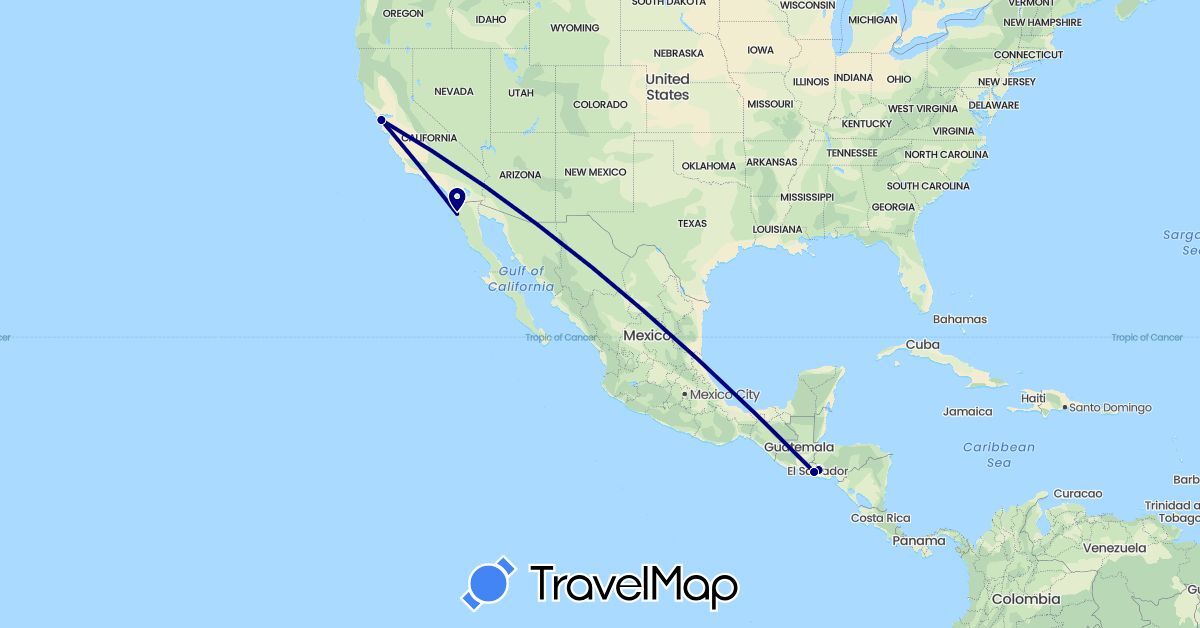 TravelMap itinerary: driving in Mexico, El Salvador, United States (North America)